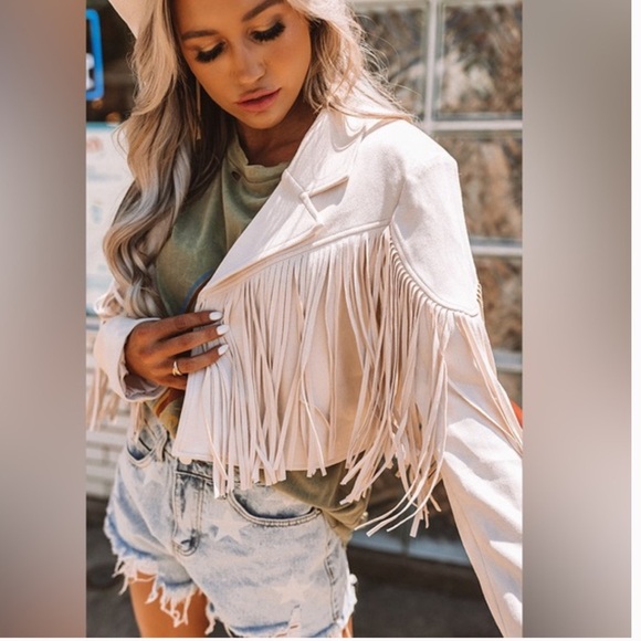 Women's Fringe Faux Suede Leather JacketTassel Motorcycle Cropped - Picture 5 of 7